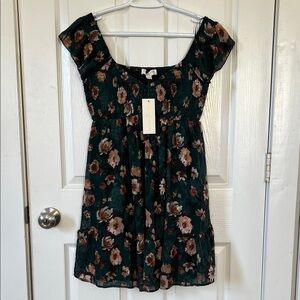 NWT Thirty Thirty LA Floral Puff Sleeve Sweetheart Mini Dark Green Lace Dress L